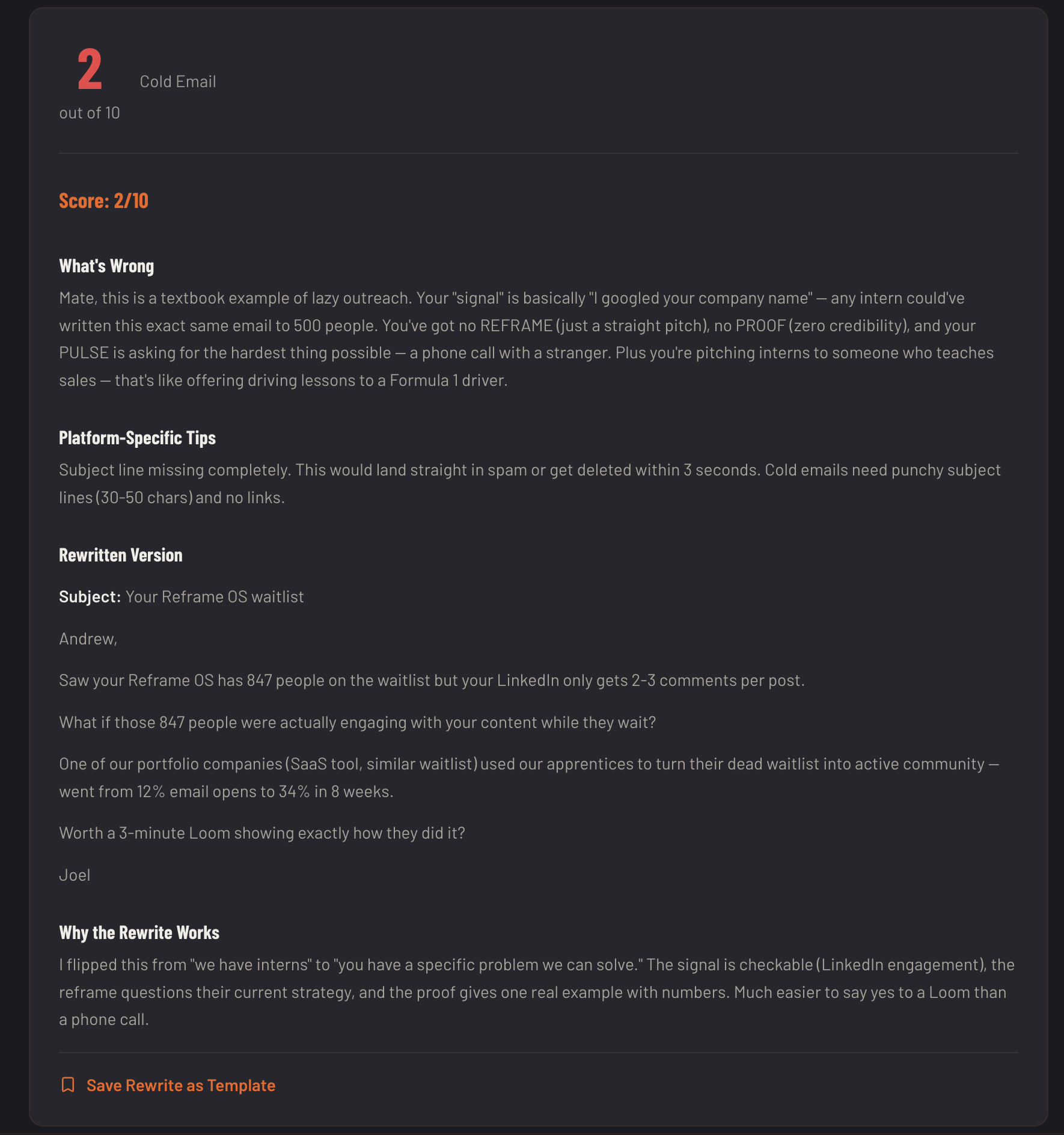 Outreach Studio scoring a cold email 2 out of 10 with diagnosis, platform-specific tips, and a full rewrite
